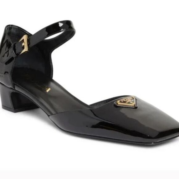 NWB PRADA Modellerie Black Ankle Strap Kitten Heel d'Orsay Pumps Logo - Picture 2 of 7